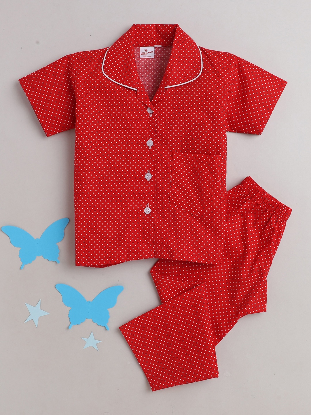 

The Magic Wand Kids Red & White Polka Dots Printed Pure Cotton Night suit