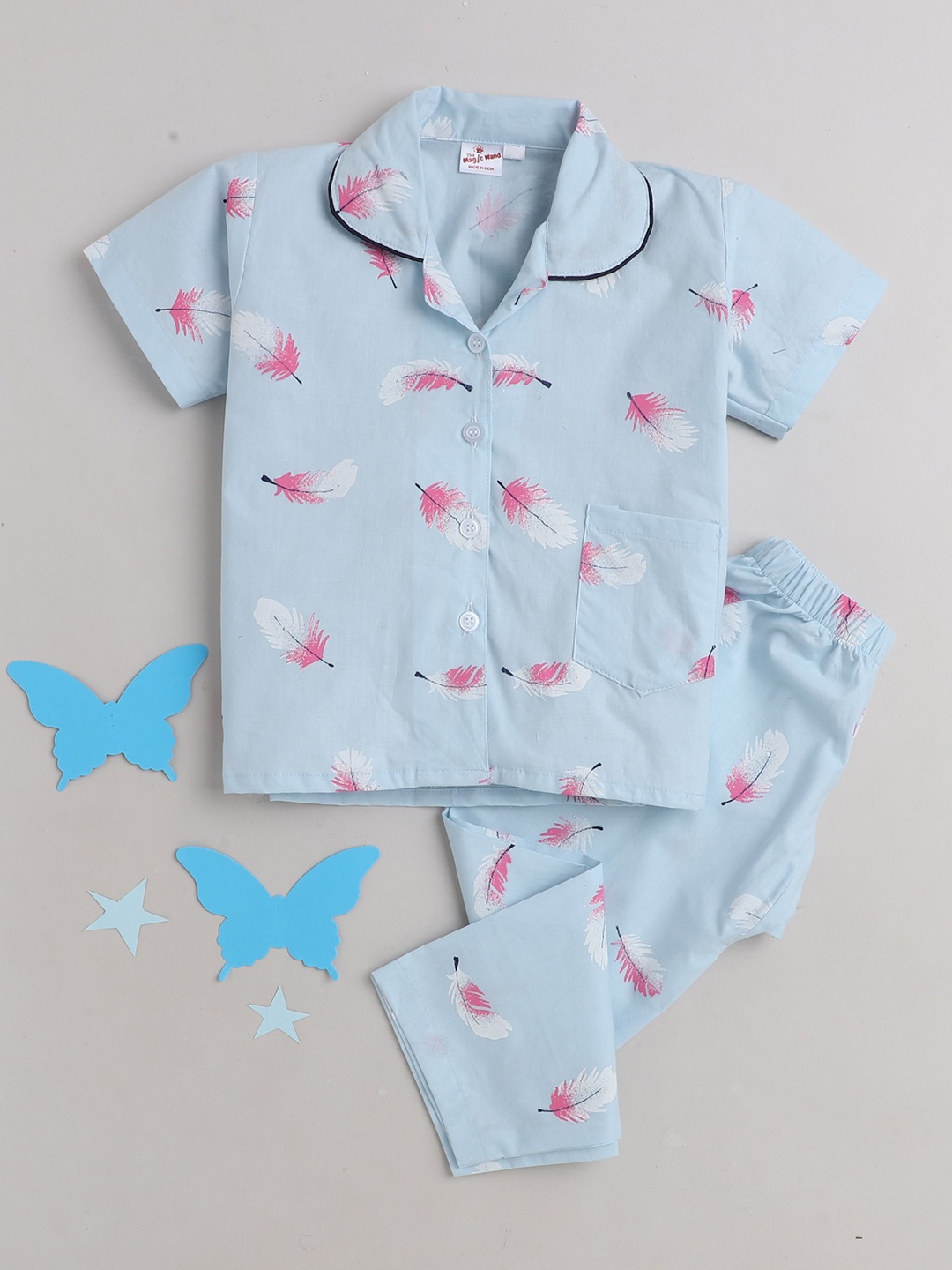 

The Magic Wand Kids Blue & Pink Graphic Printed Pure Cotton Night suit