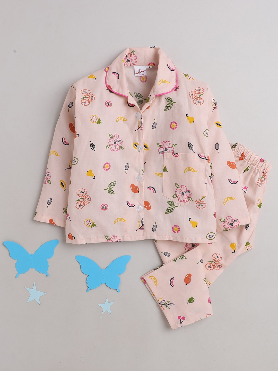 

The Magic Wand Kids Peach-Coloured & Red Floral Printed Pure Cotton Night suit