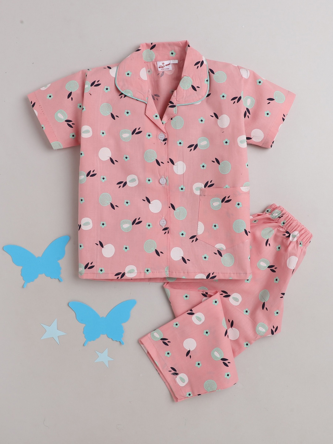 

The Magic Wand Kids Peach-Coloured & White Conversational Printed Pure Cotton Night suit