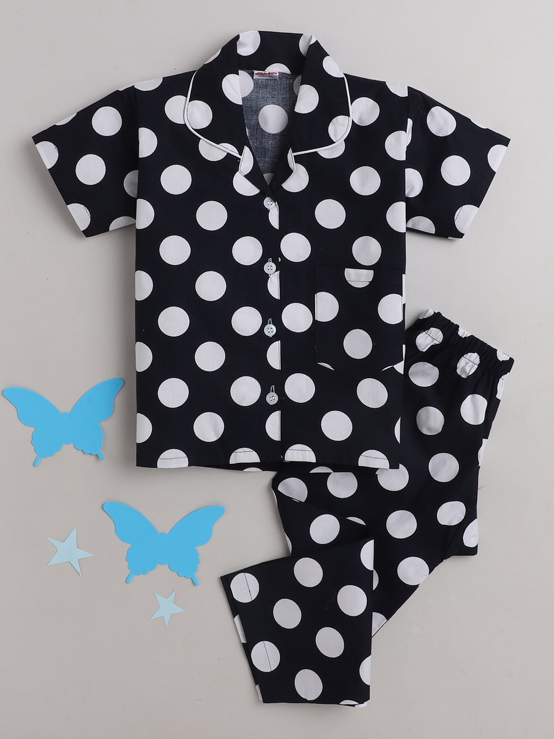 

The Magic Wand Kids Navy Blue & White Polka Dots Printed Pure Cotton Night suit