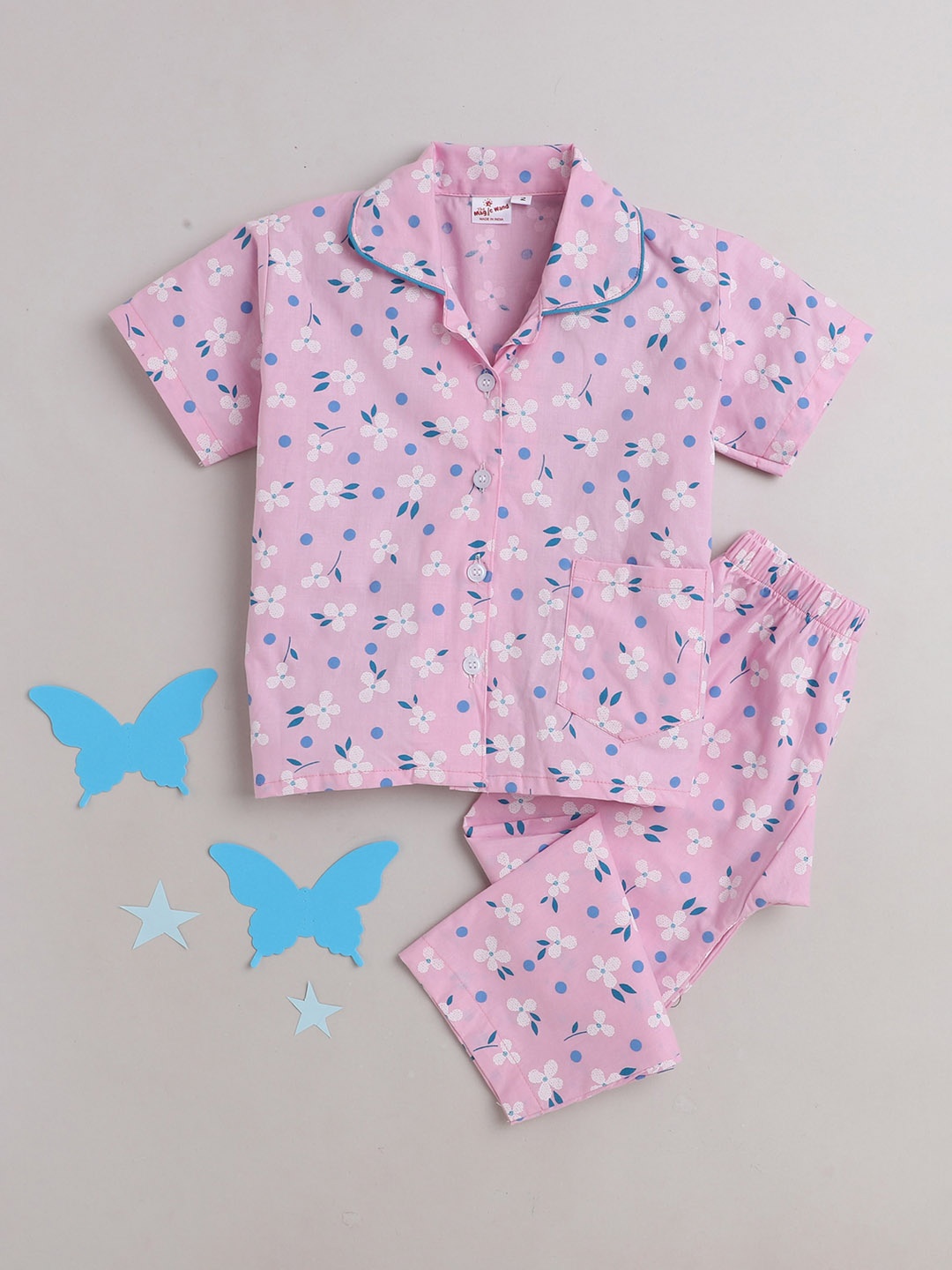 

The Magic Wand Kids Pink & White Floral Printed Pure Cotton Night suit
