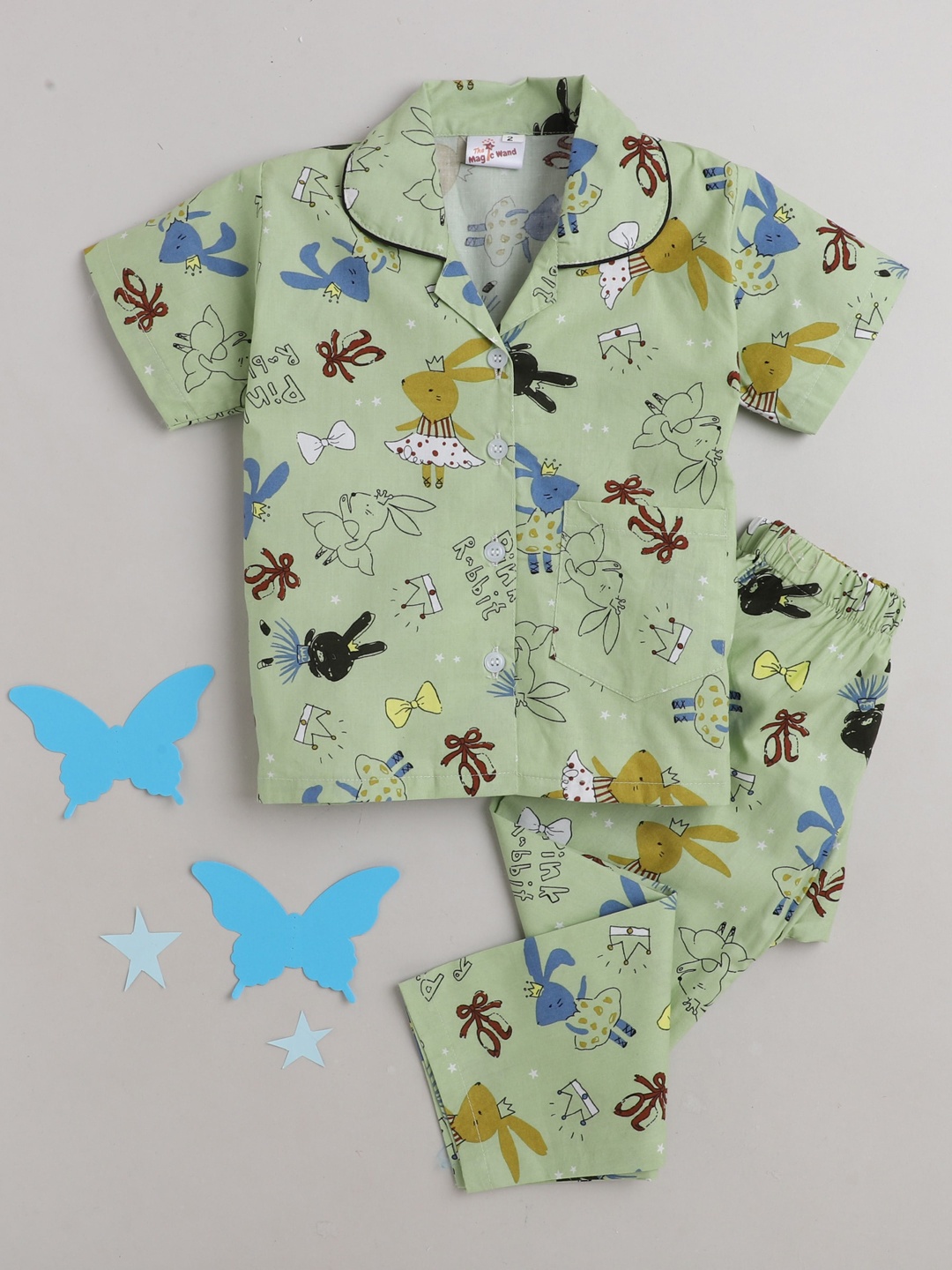 

The Magic Wand Kids Green & Black Graphic Printed Pure Cotton Night suit