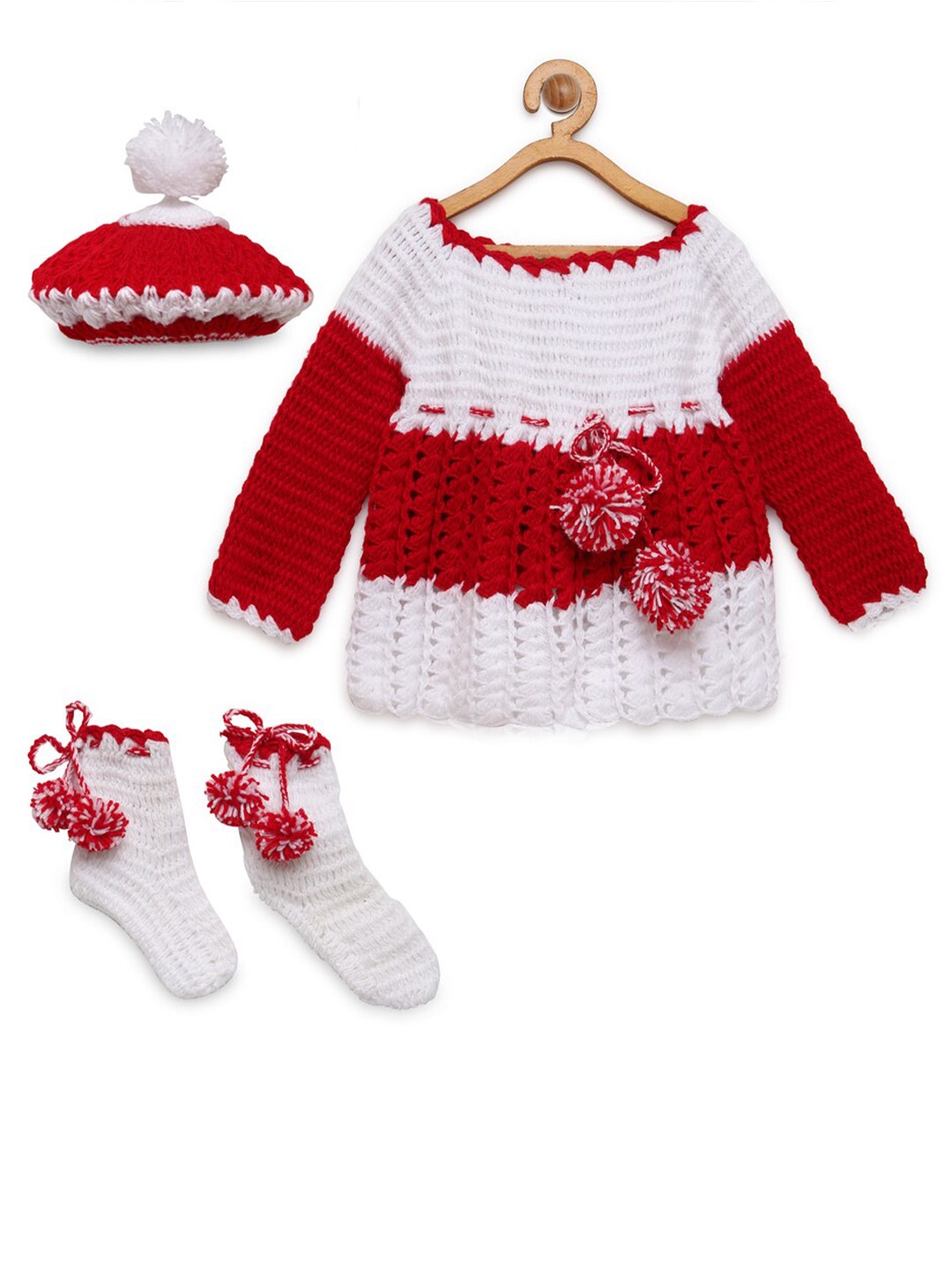 

CHUTPUT Girls Pure Wool Jumper Dress with Socks & Beanie Cap, Red