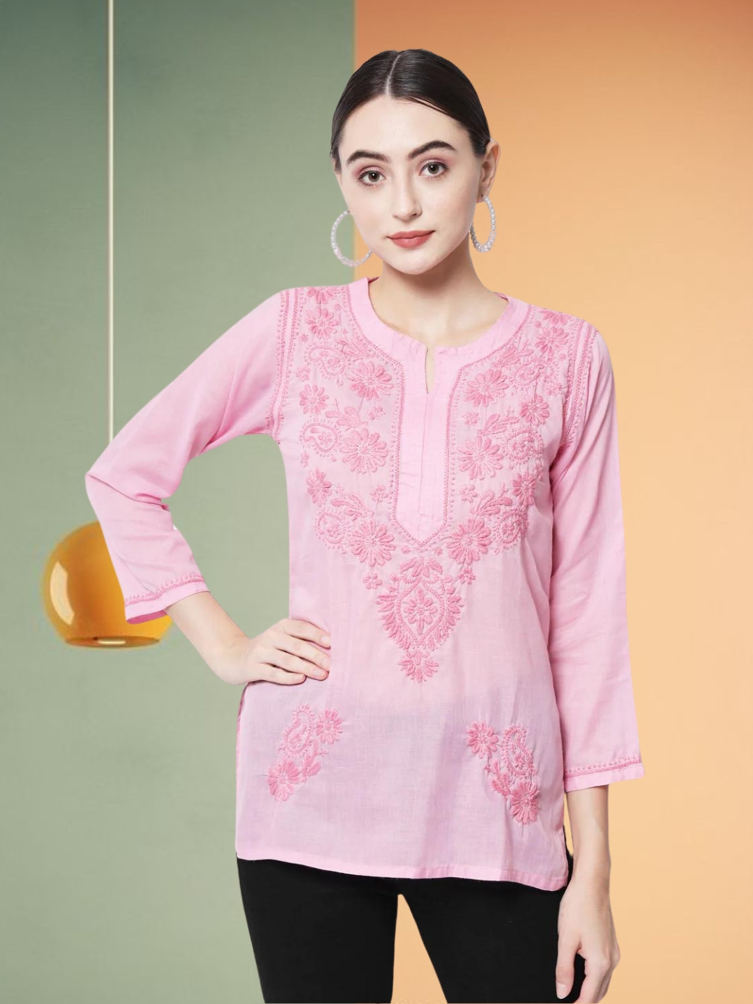 

PARAMOUNT CHIKAN Pink Ethnic Motifs Embroidered Chikankari Pure Cotton Chikankari Kurti
