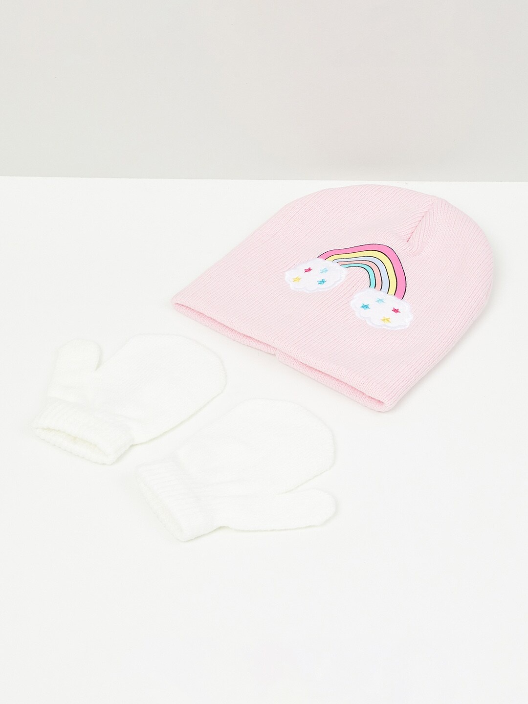 

max Girls Pink & Yellow Printed Beanie With Gloves