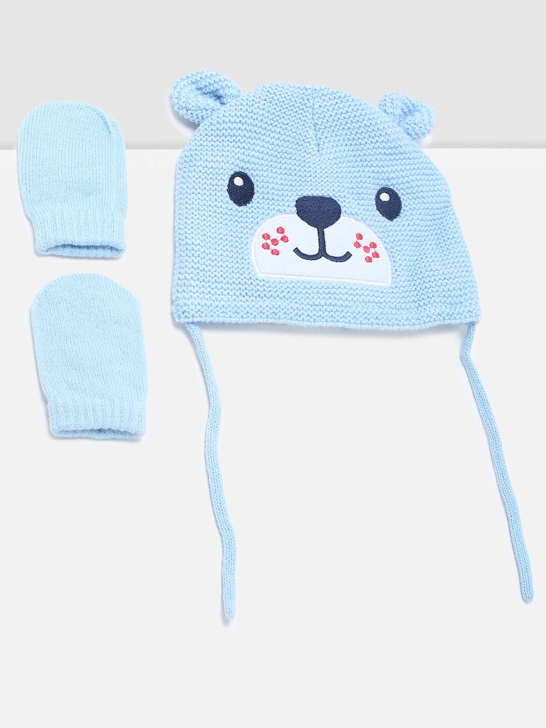 

max Girls Blue & White Embroidered Beanie With Gloves