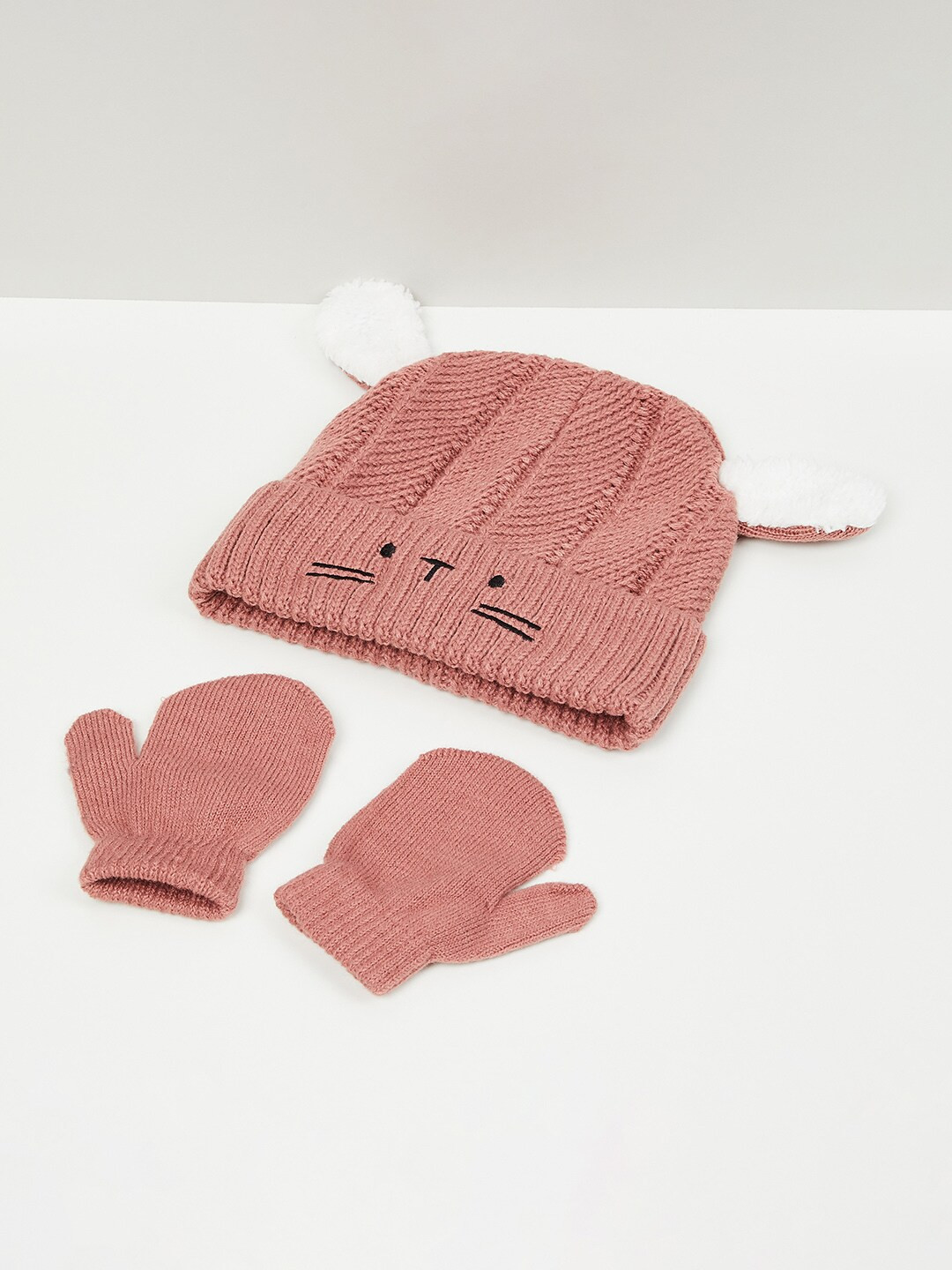 

max Girls Pink & Black Embroidered Beanie With Gloves