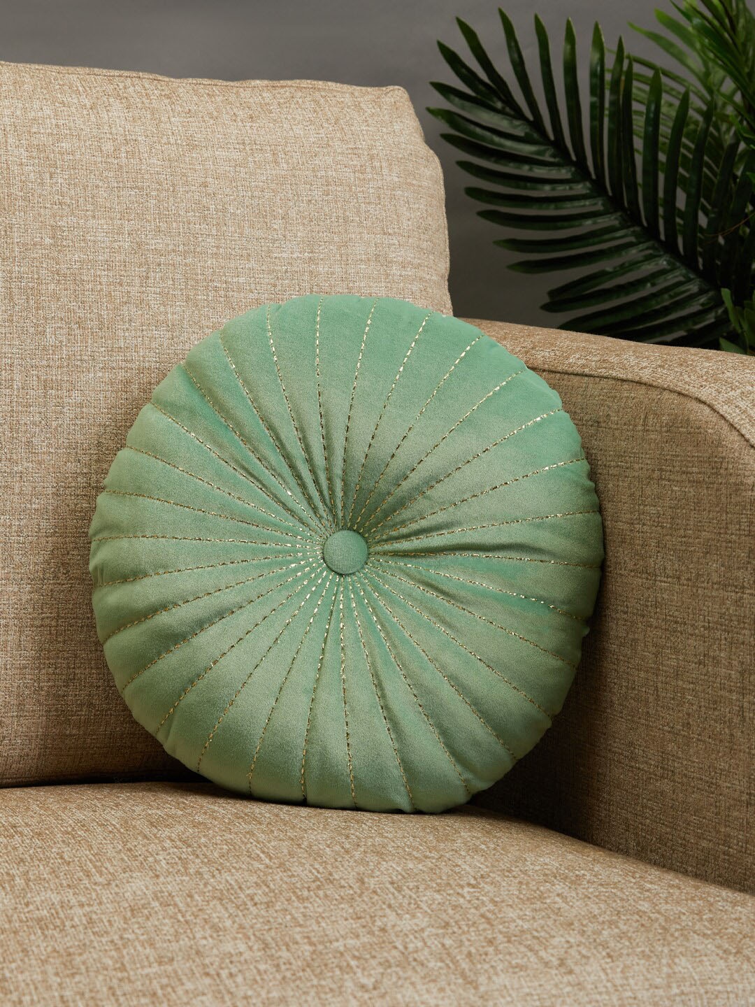 

HomeTown Green Solid Velvet Reversible Round Filled Cushion