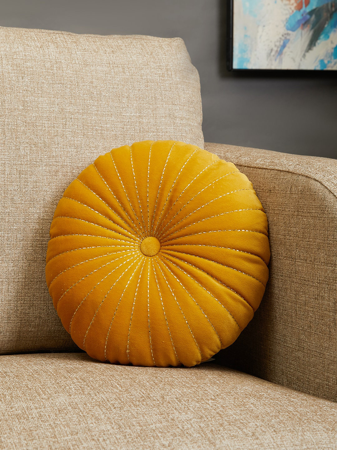 

HomeTown Mustard Yellow Reversible Embroidered Round Shaped Cushions