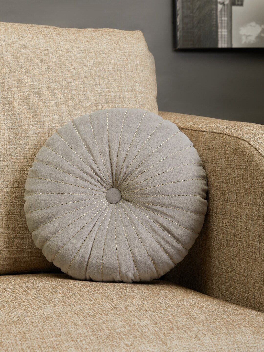 

HomeTown Grey Solid Velvet Reversible Round Filled Cushion