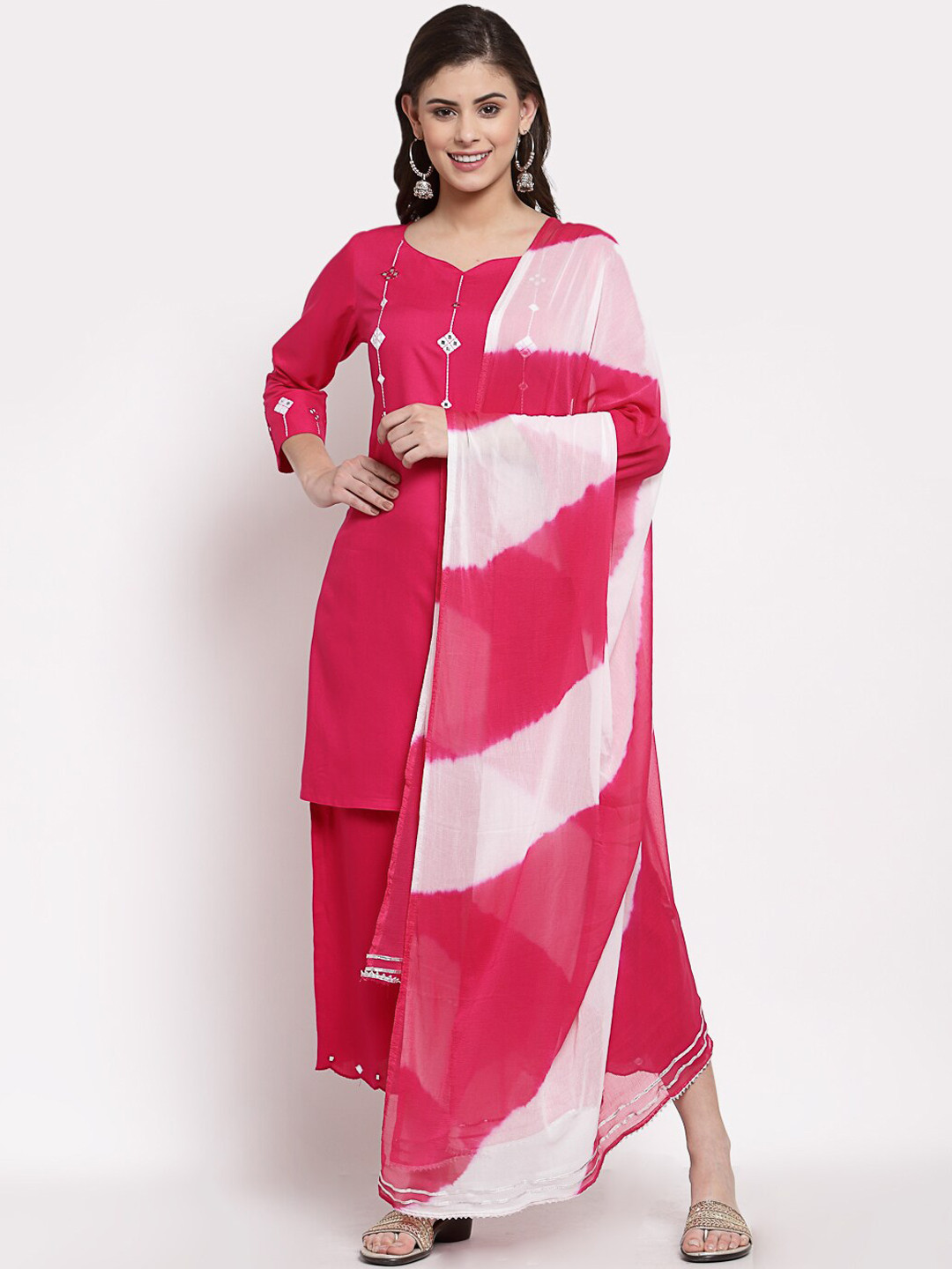 

Yuris Women Pink & White Embroidered Kurta with Palazzos & Dupatta