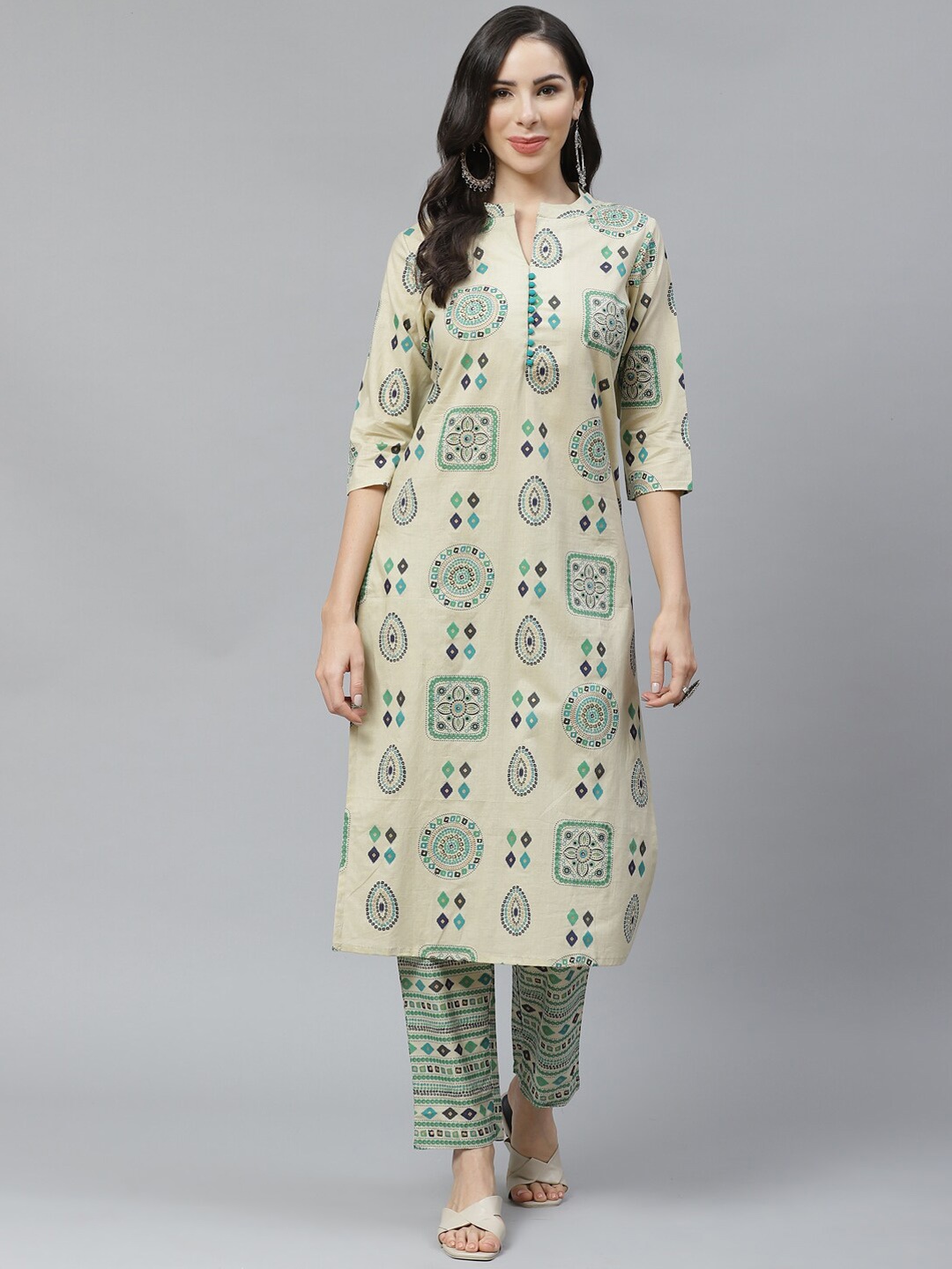 

Yuris Women Beige & Green Printed Pure Cotton Kurta with Trouser