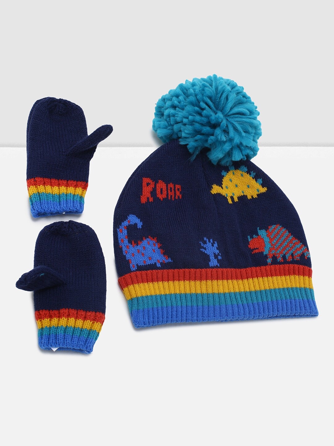 

max Boys Blue & Yellow Embroidered Beanie With Gloves