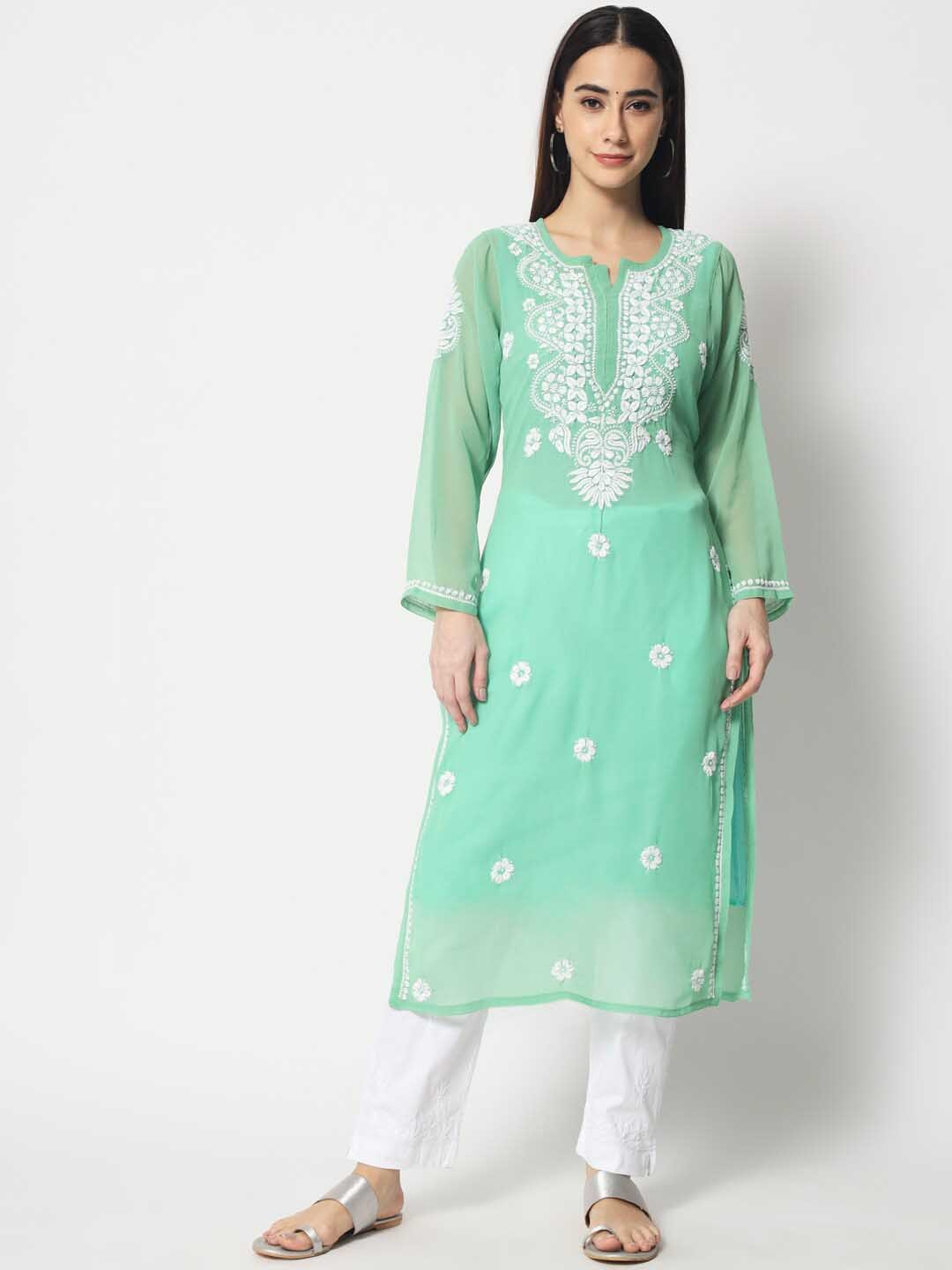 

PARAMOUNT CHIKAN Women Green Chikankari Hand Embroidered Ethnic Motifs Straight Kurta