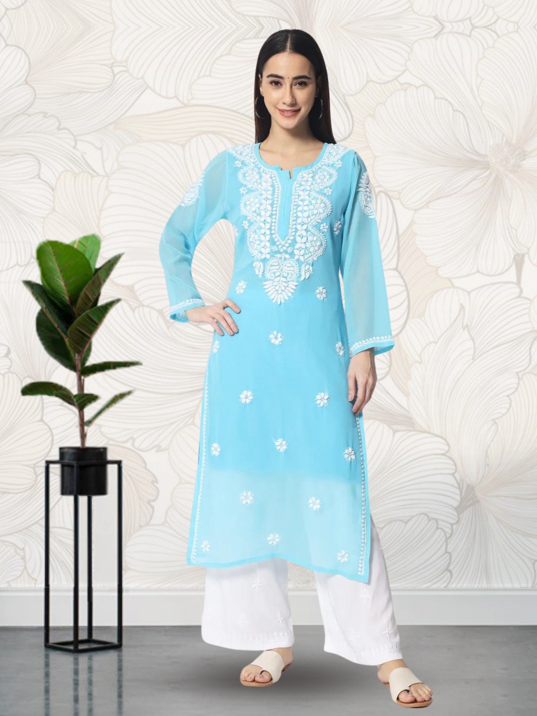 

PARAMOUNT CHIKAN Women Turquoise Blue Chikankari Embroidered Ethnic Motifs Straight Kurta