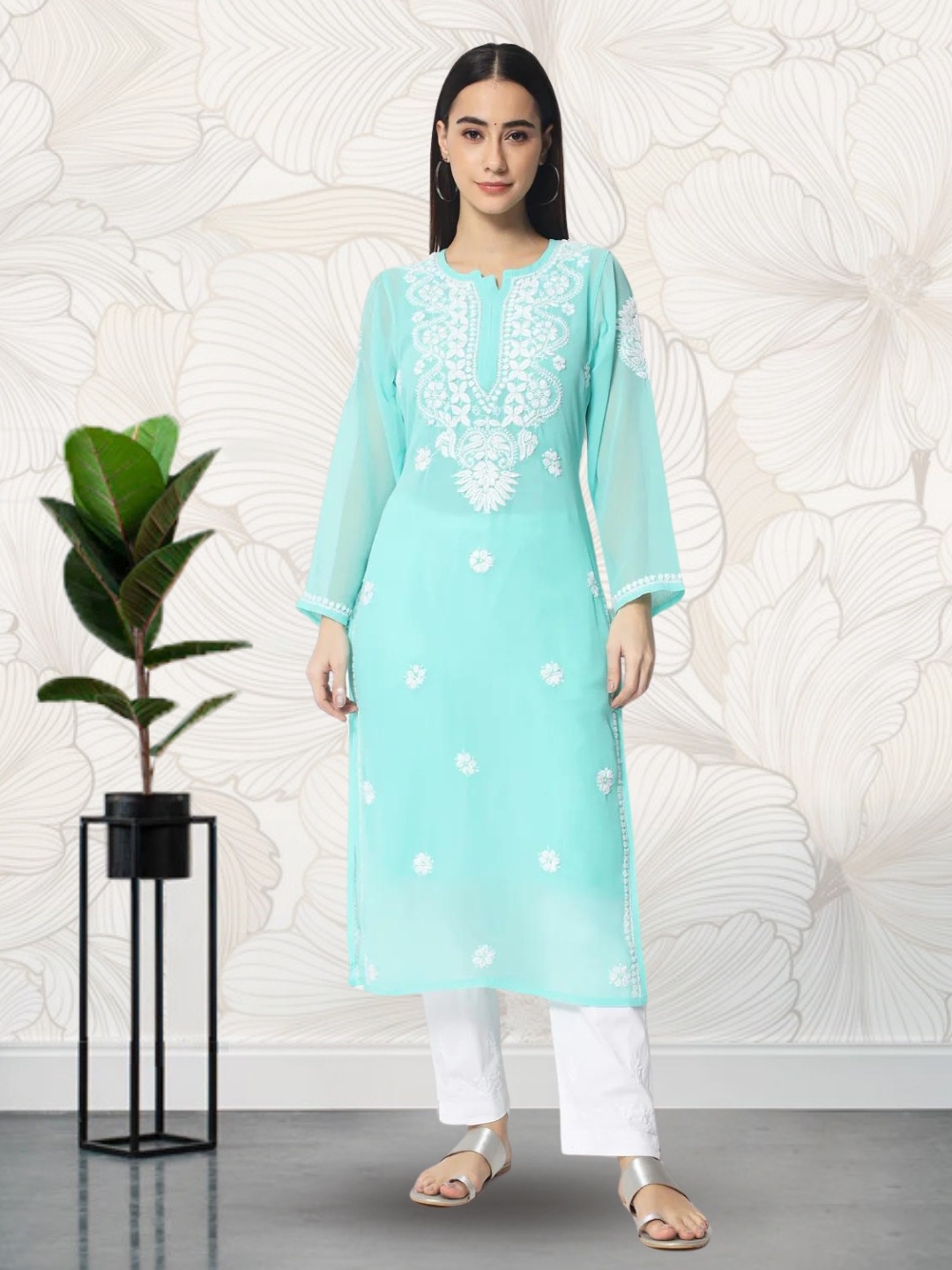 

PARAMOUNT CHIKAN Women Sea Green Chikankari Hand Embroidered Ethnic Motifs Straight Kurta