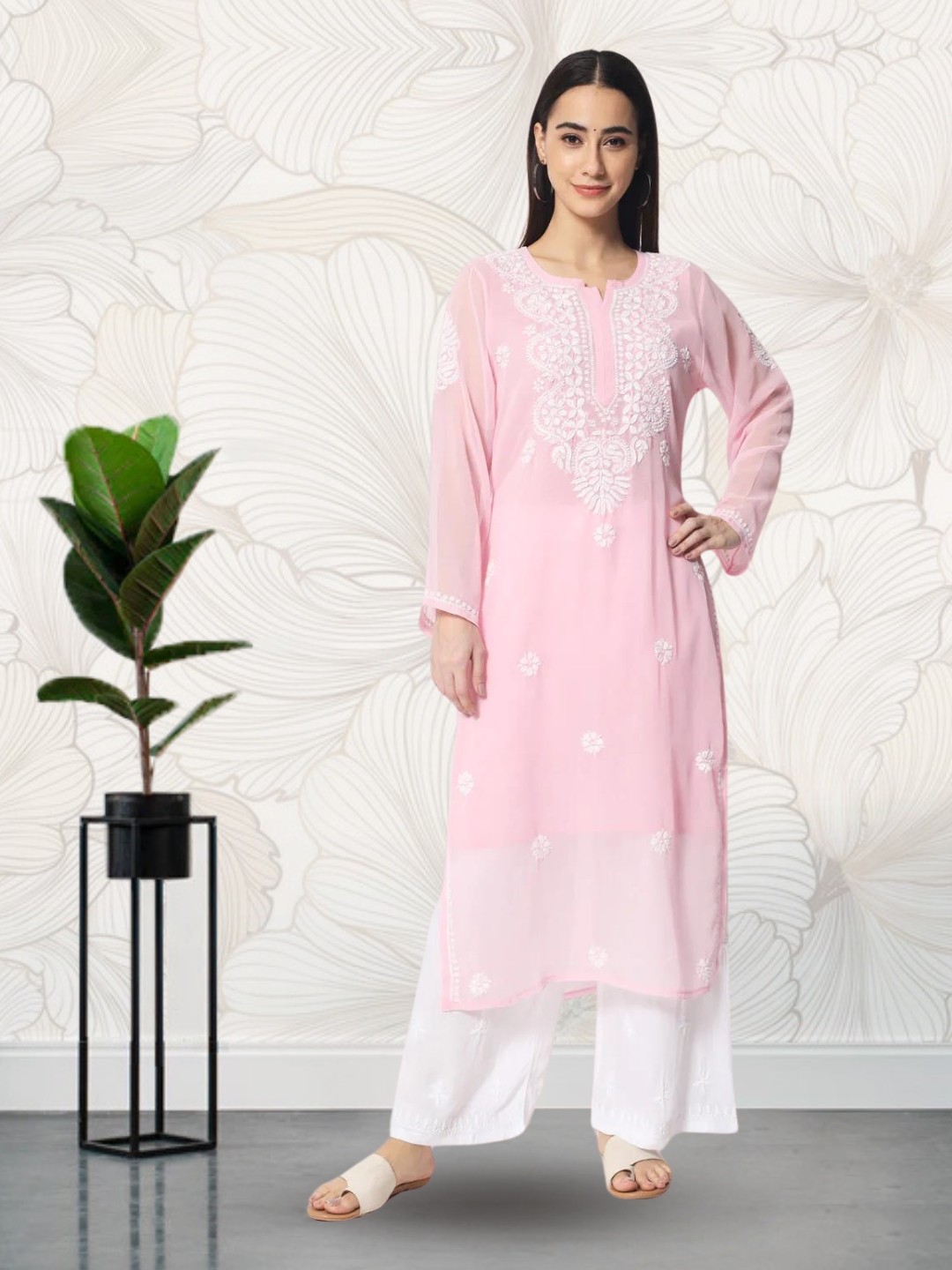 

PARAMOUNT CHIKAN Women Pink Chikankari Ethnic Motifs Georgette Straight Kurta