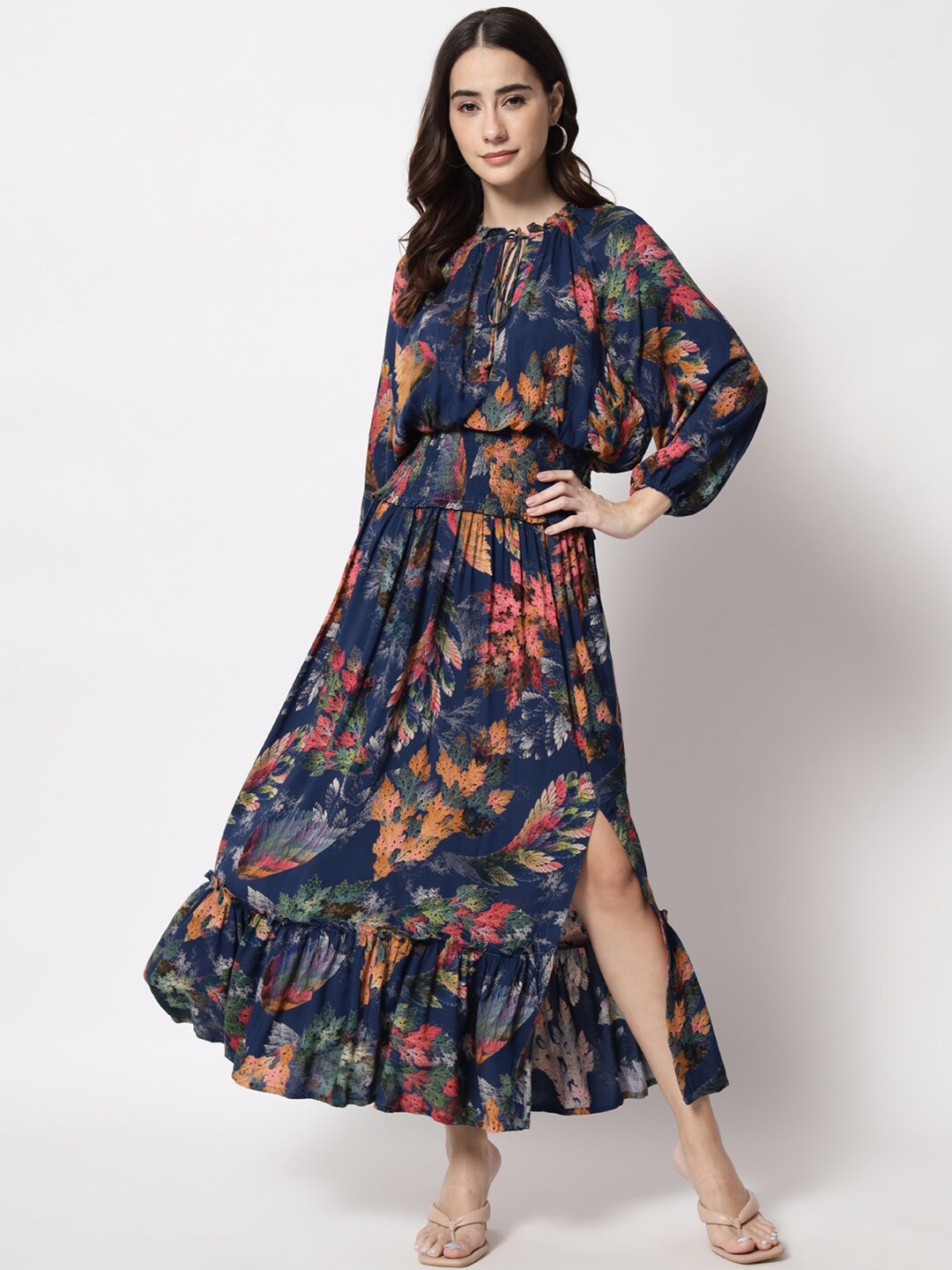 

SiaVira Navy Blue Floral Tie-Up Neck Maxi Maxi Dress