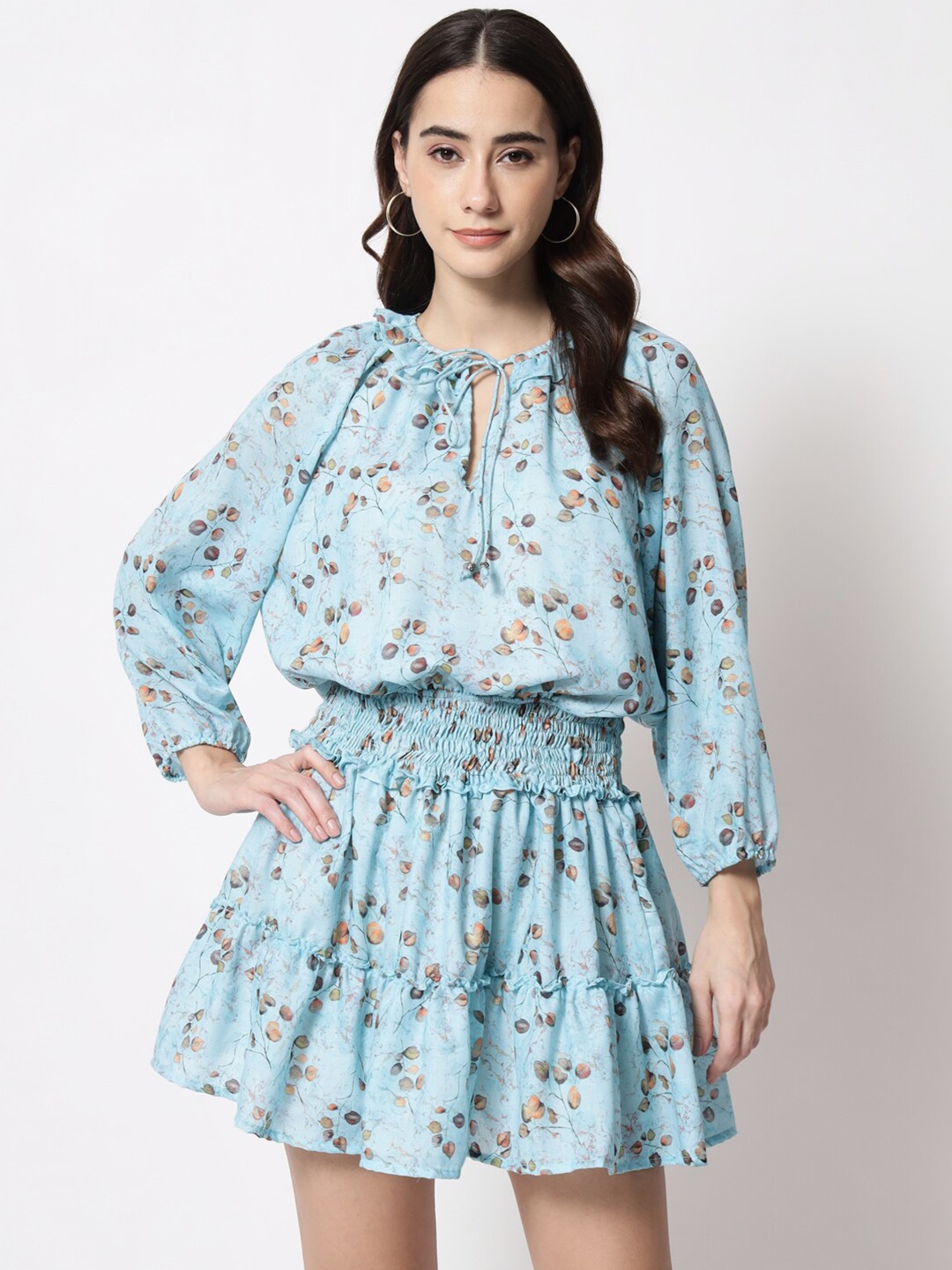 

SiaVira Blue Floral Tie-Up Neck Blouson Dress