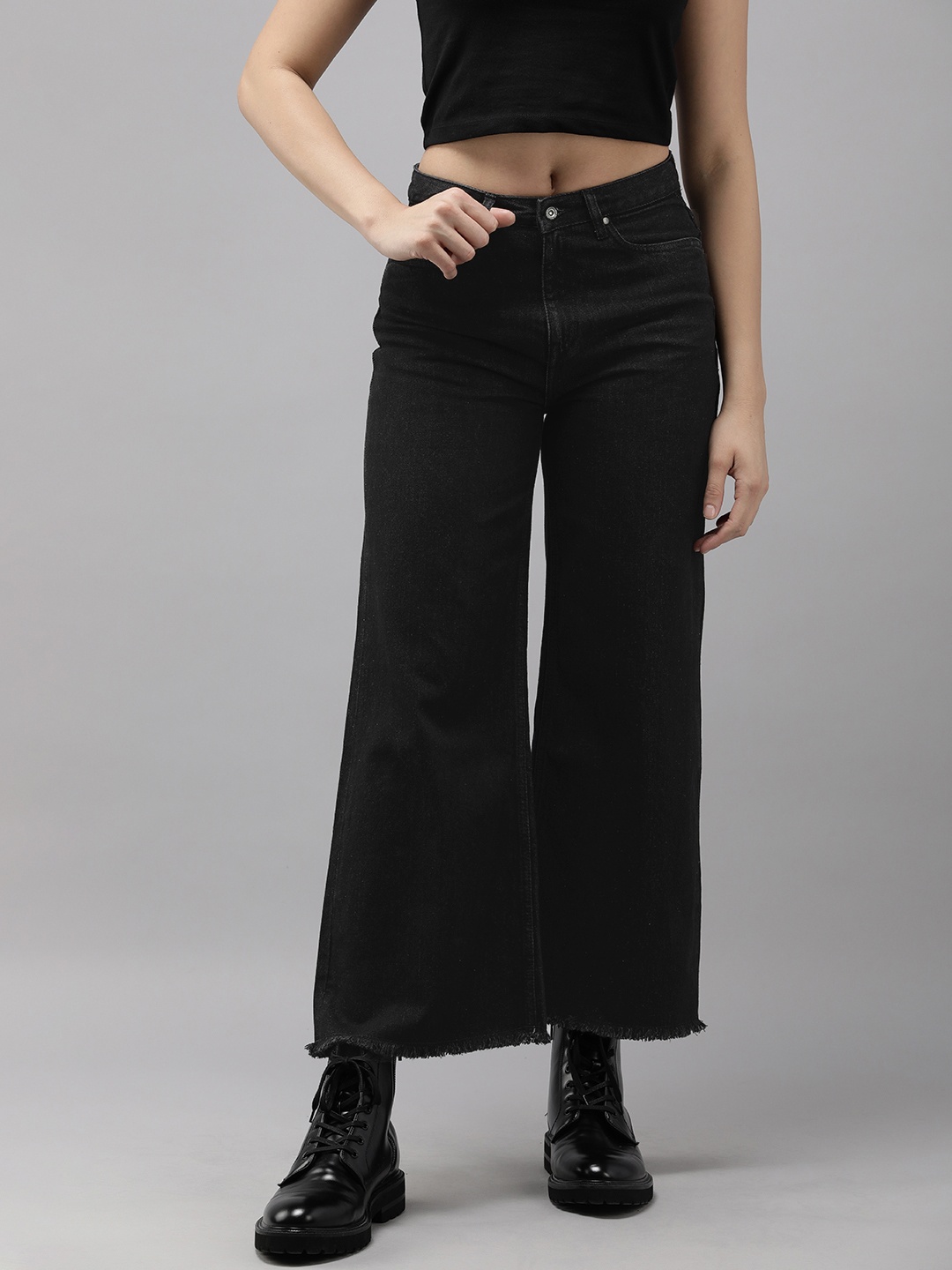 

The Roadster Life Co. Women Pure Cotton Mid-Rise Wide Leg Casual Jeans, Black
