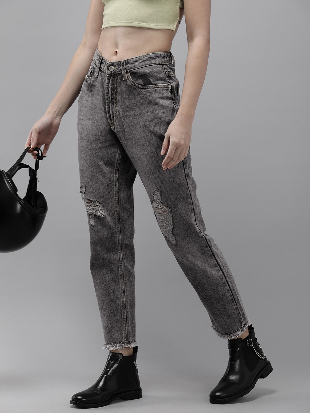 

The Roadster Life Co. Women Pure Cotton Boyfriend Fit Highly Distressed Heavy Fade Jeans, Grey