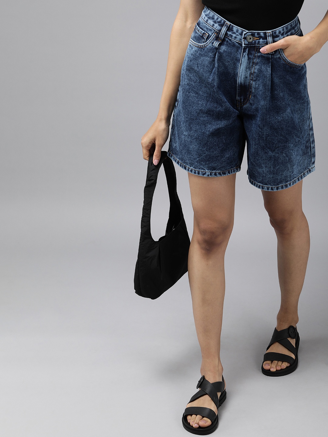 

The Roadster Lifestyle Co. Women Pure Cotton High-Rise Denim Shorts, Blue