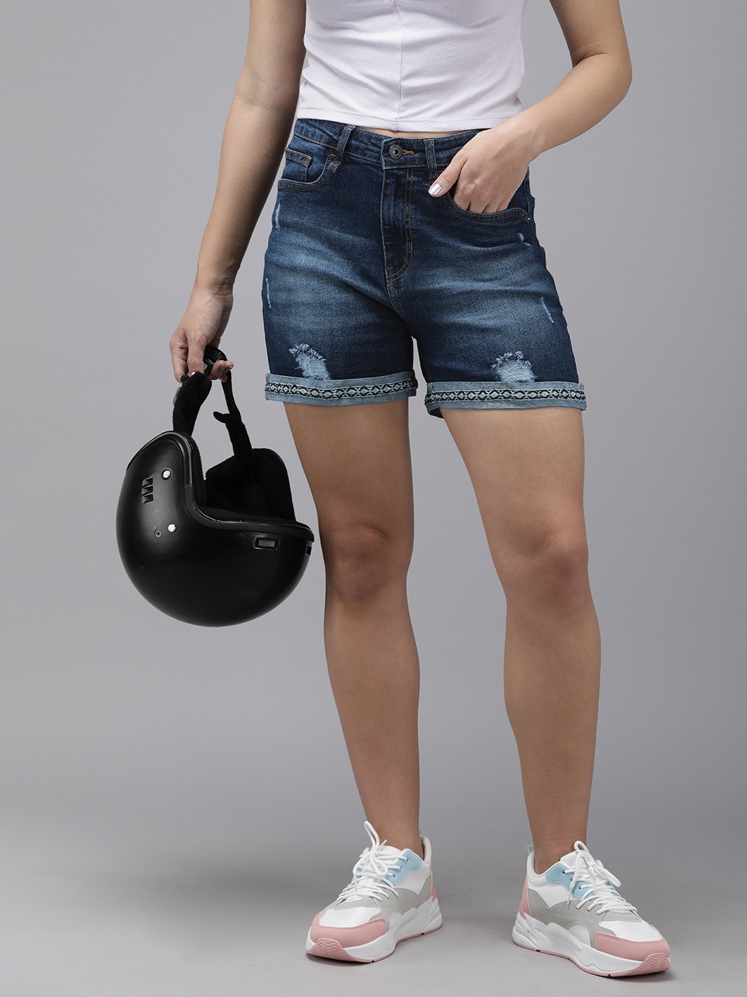 

The Roadster Life Co. Women High-Rise Distressed Denim Shorts, Blue