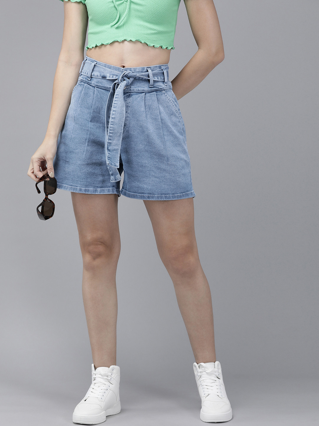 

The Roadster Lifestyle Co. Women High-Rise Denim Shorts With Fabric Belt, Blue