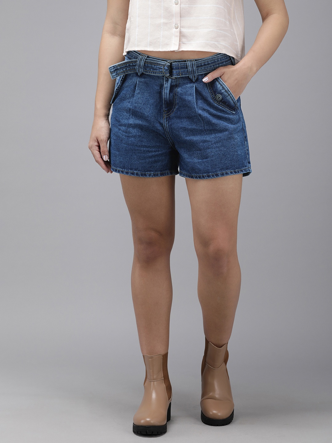 

The Roadster Life Co. Women High-Rise Pure Cotton Denim Shorts Comes With A Belt, Blue