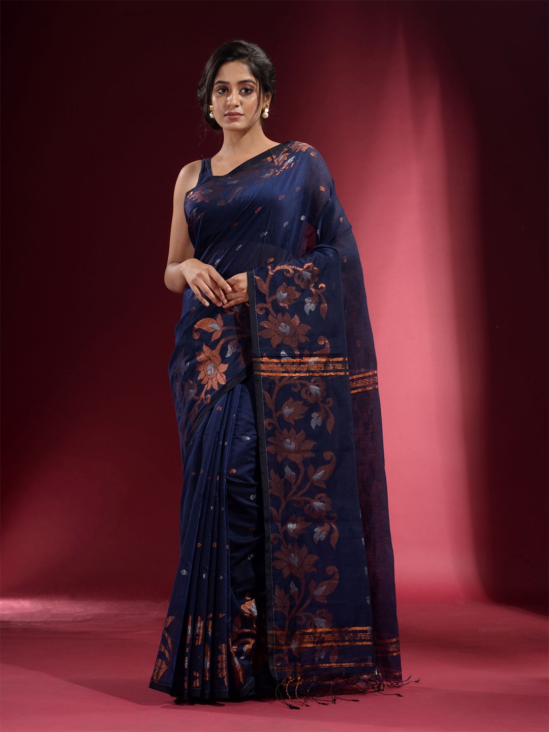 

Charukriti Blue & Copper-Toned Woven Design Zari Saree