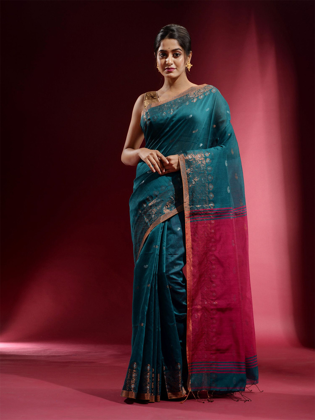 

Charukriti Teal Blue & Pink Woven Design Zari Saree