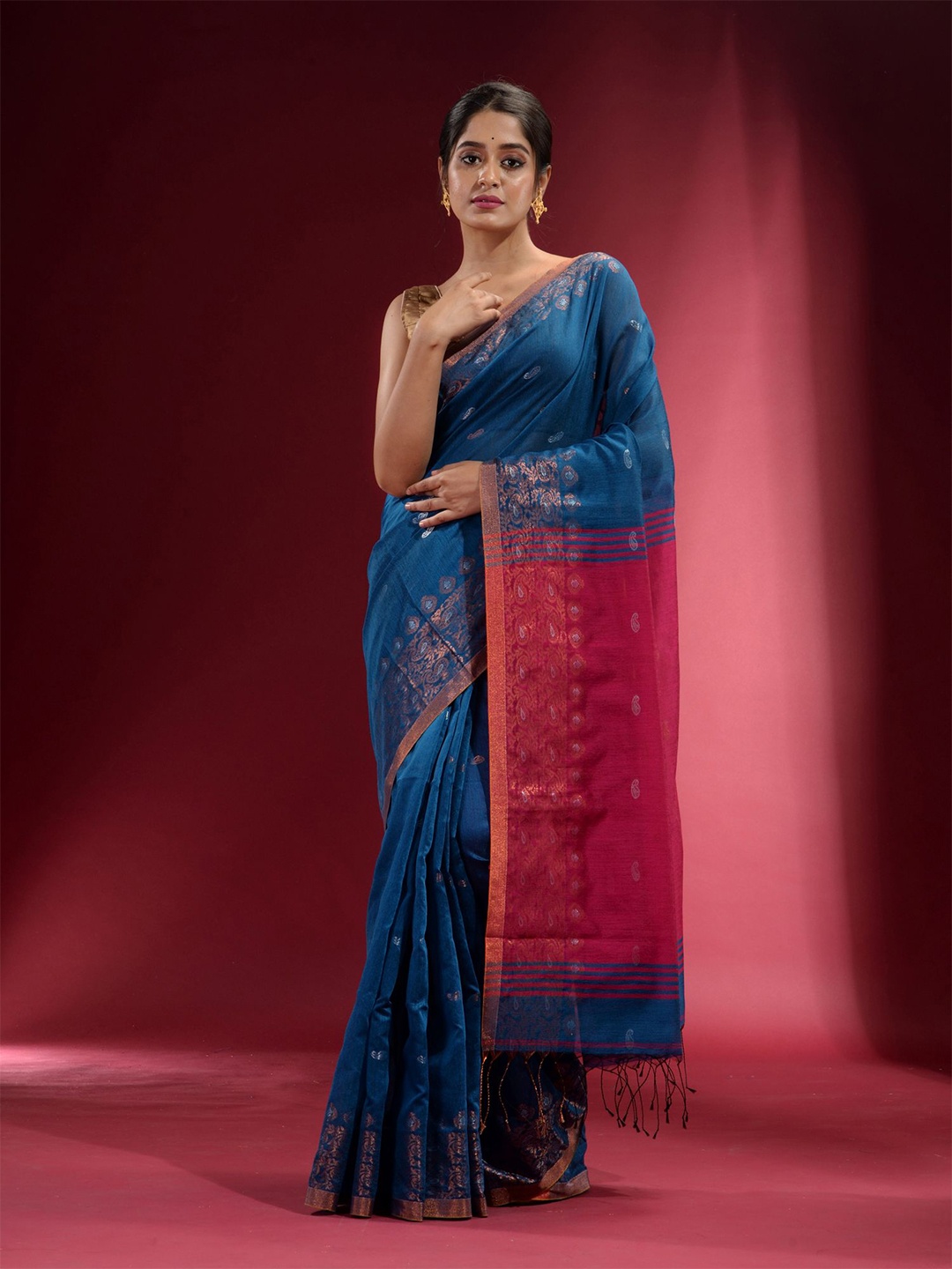 

Charukriti Blue & Red Woven Design Saree