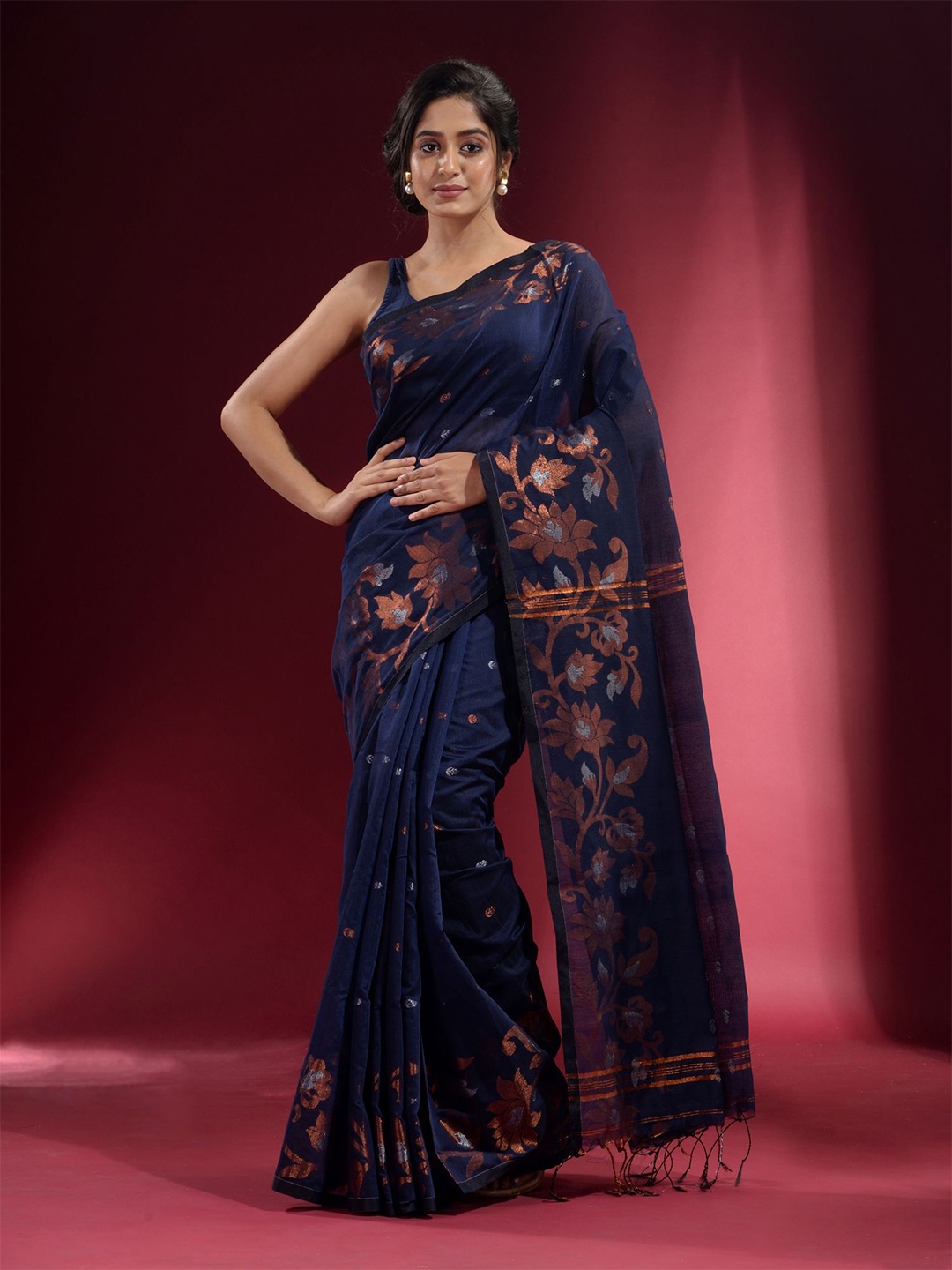 

Charukriti Blue & Copper-Toned Woven Design Zari Saree