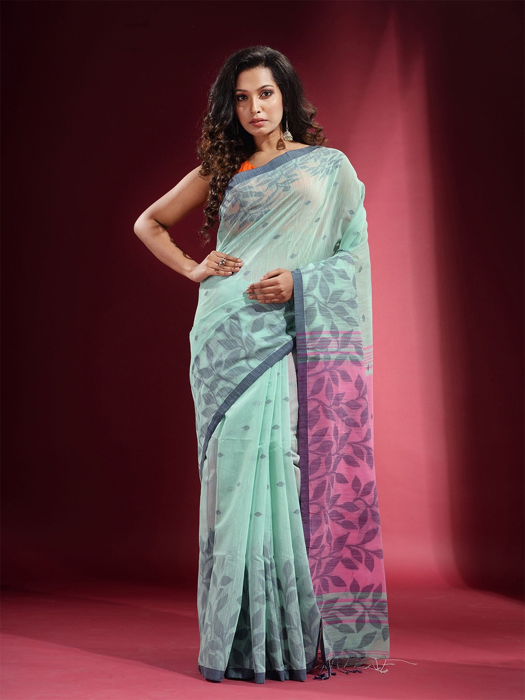 

Charukriti Blue & Pink Floral Pure Cotton Saree