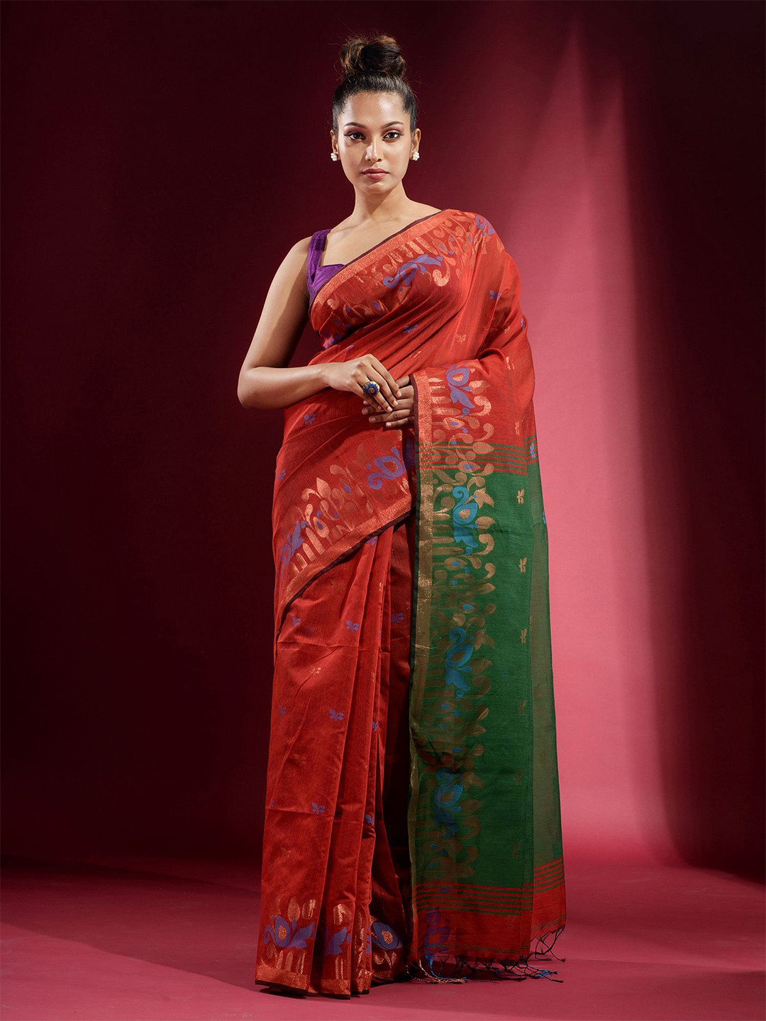 

Charukriti Red & Green Woven Design Zari Saree