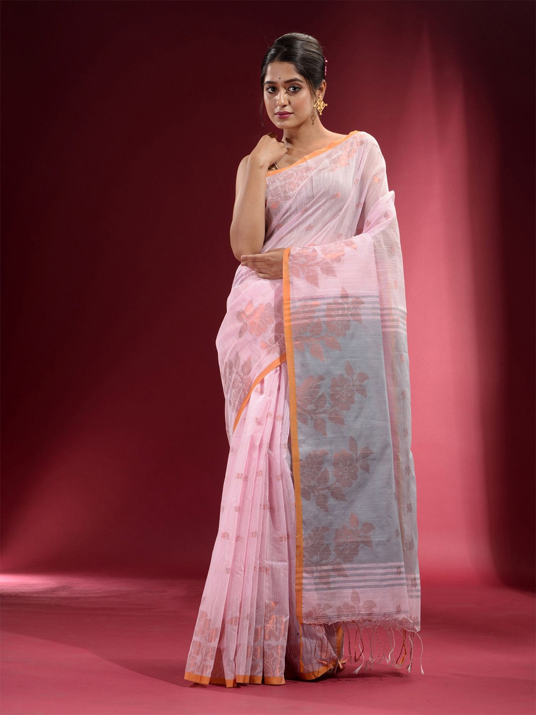 

Charukriti Pink & Copper-Toned Woven Design Zari Pure Cotton Saree