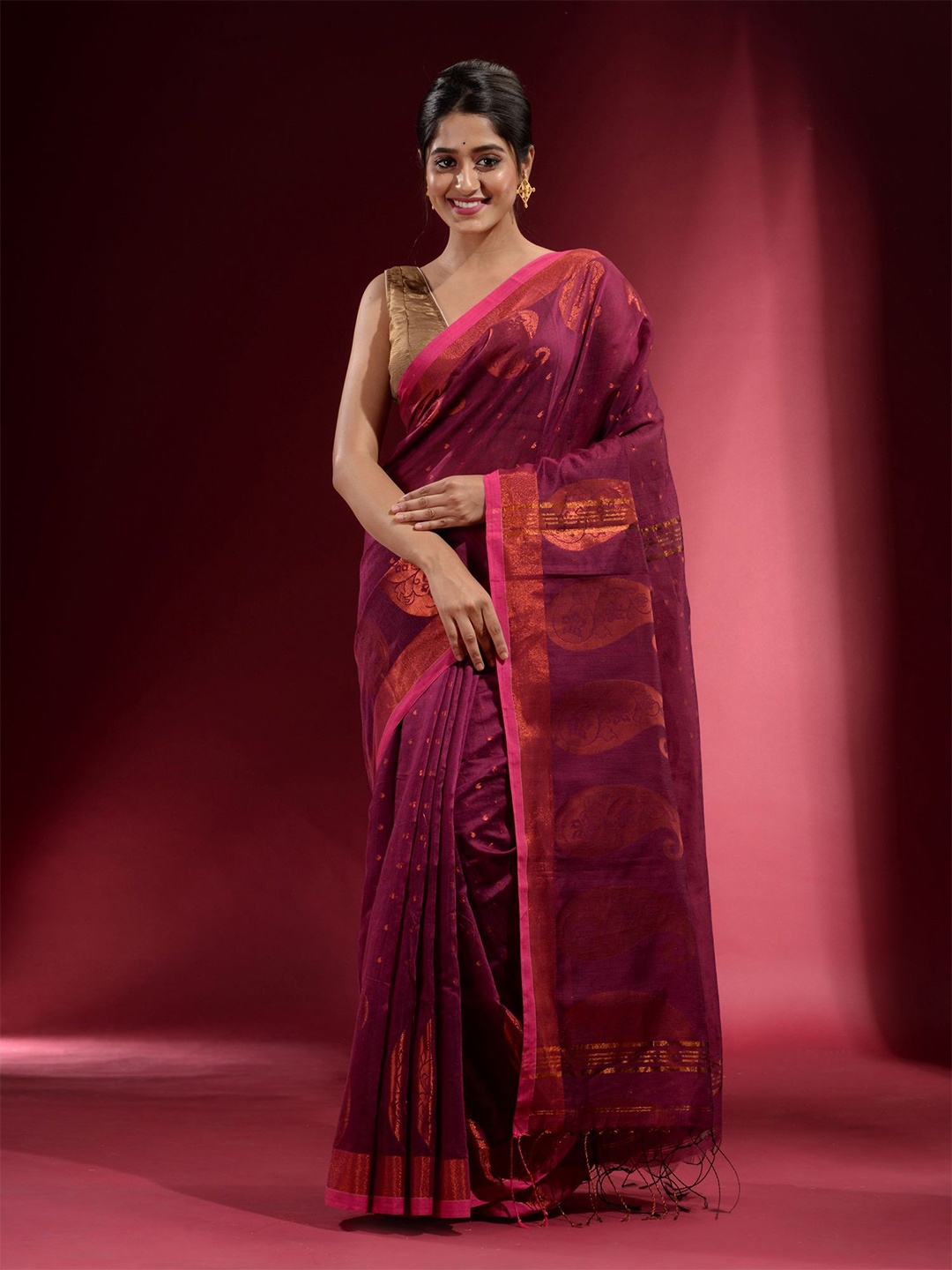

Charukriti Purple & Copper-Toned Woven Design Zari Saree