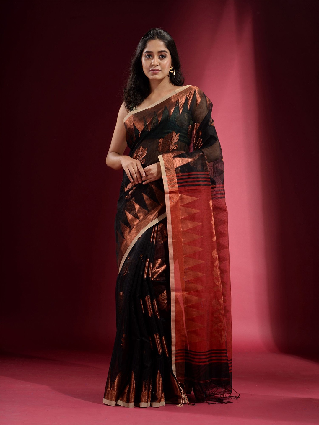 

Charukriti Black & Copper-Toned Woven Design Zari Saree