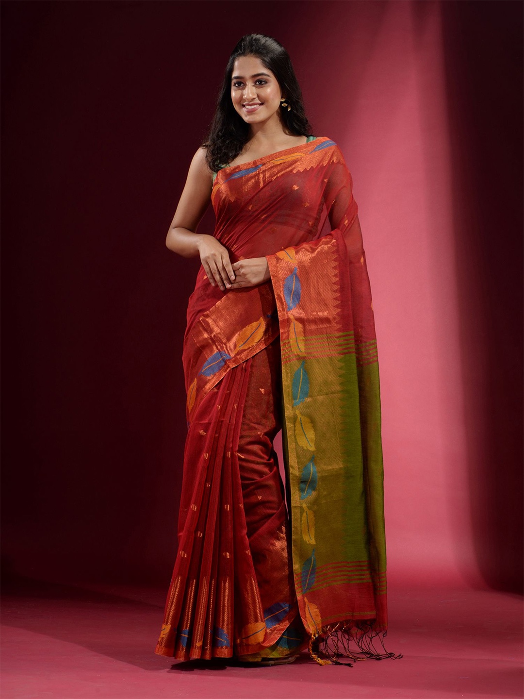 

Charukriti Rust Orange & Copper-Toned Woven Design Zari Saree