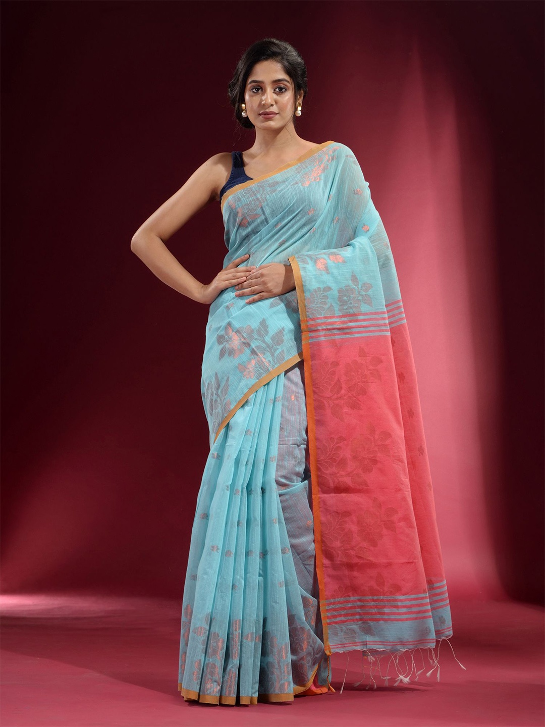 

Charukriti Blue & Copper-Toned Woven Design Zari Pure Cotton Saree