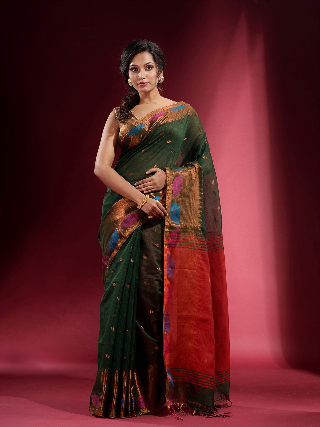 

Charukriti Green & Copper-Toned Woven Design Zari Saree