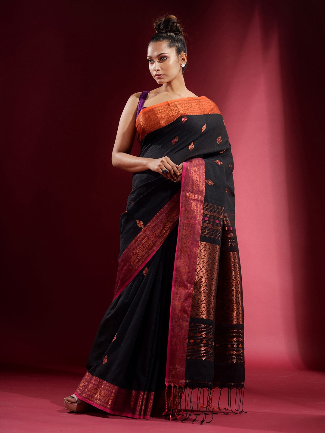 

Charukriti Black & Orange Woven Design Zari Pure Cotton Saree
