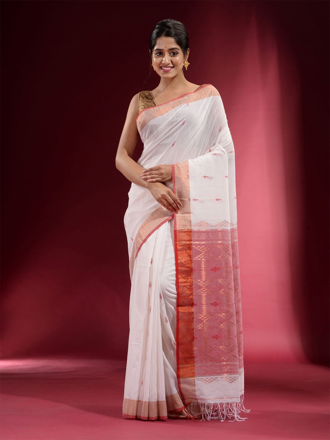 

Charukriti White & Pink Woven Design Zari Pure Cotton Saree