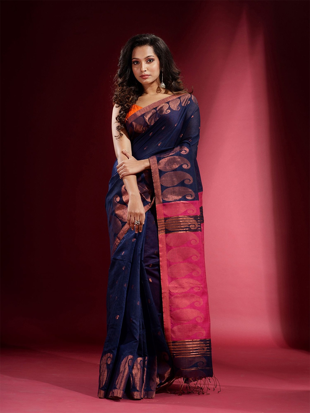 

Charukriti Navy Blue & Copper-Toned Woven Design Zari Saree