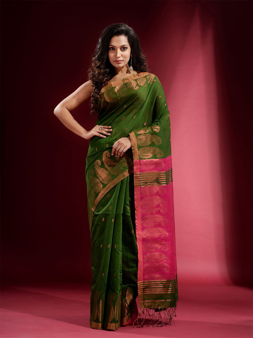 

Charukriti Green & Copper-Toned Woven Design Zari Saree