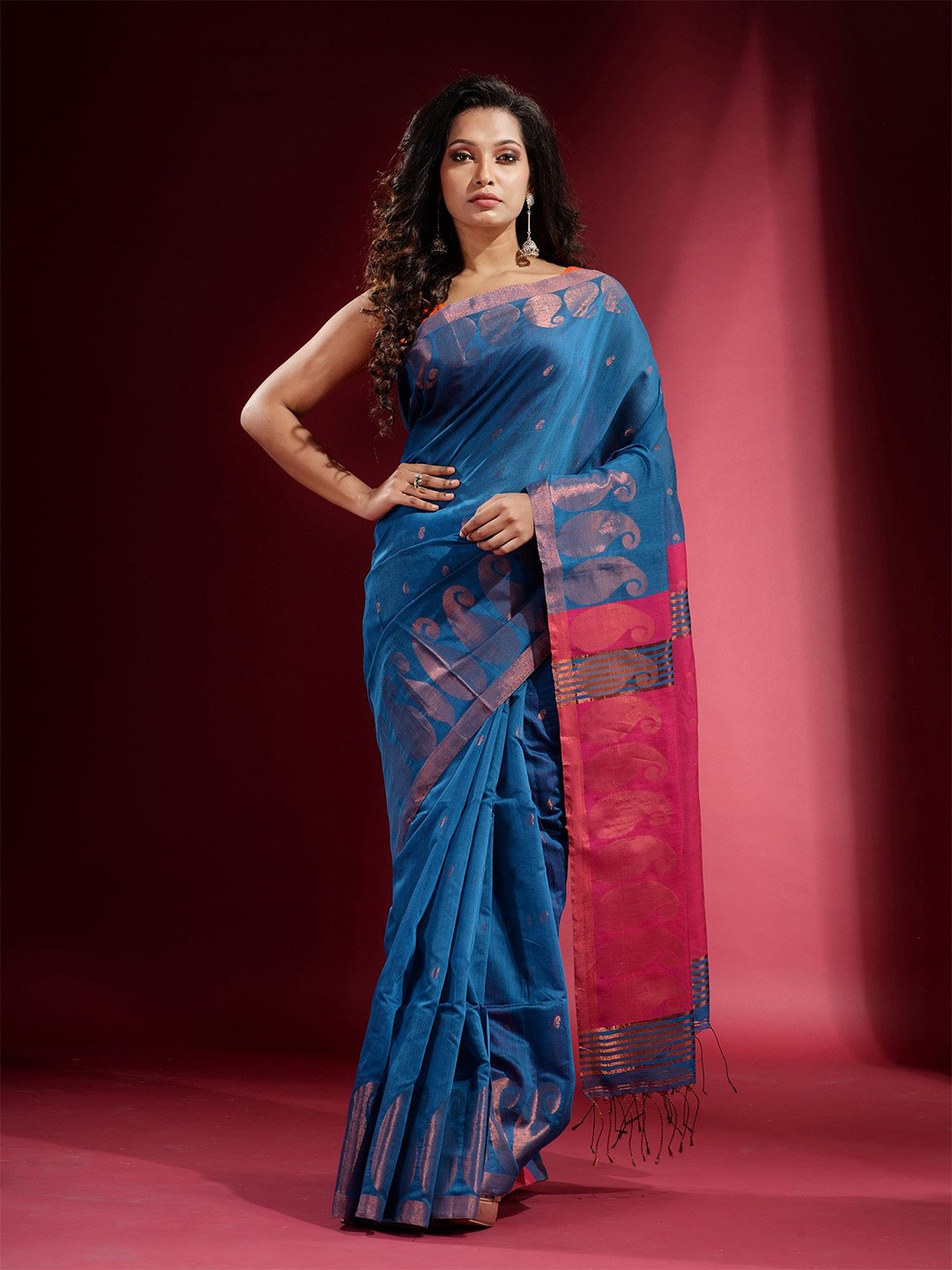 

Charukriti Blue & Copper-Toned Woven Design Zari Saree