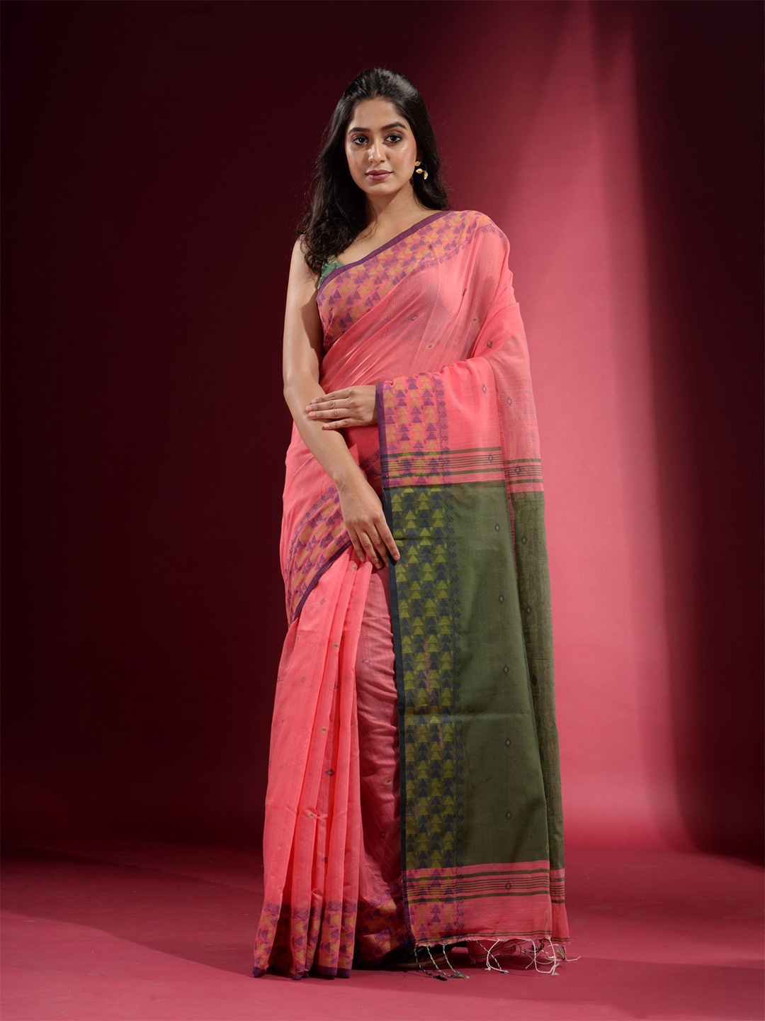 

Charukriti Coral & Green Woven Design Pure Cotton Saree