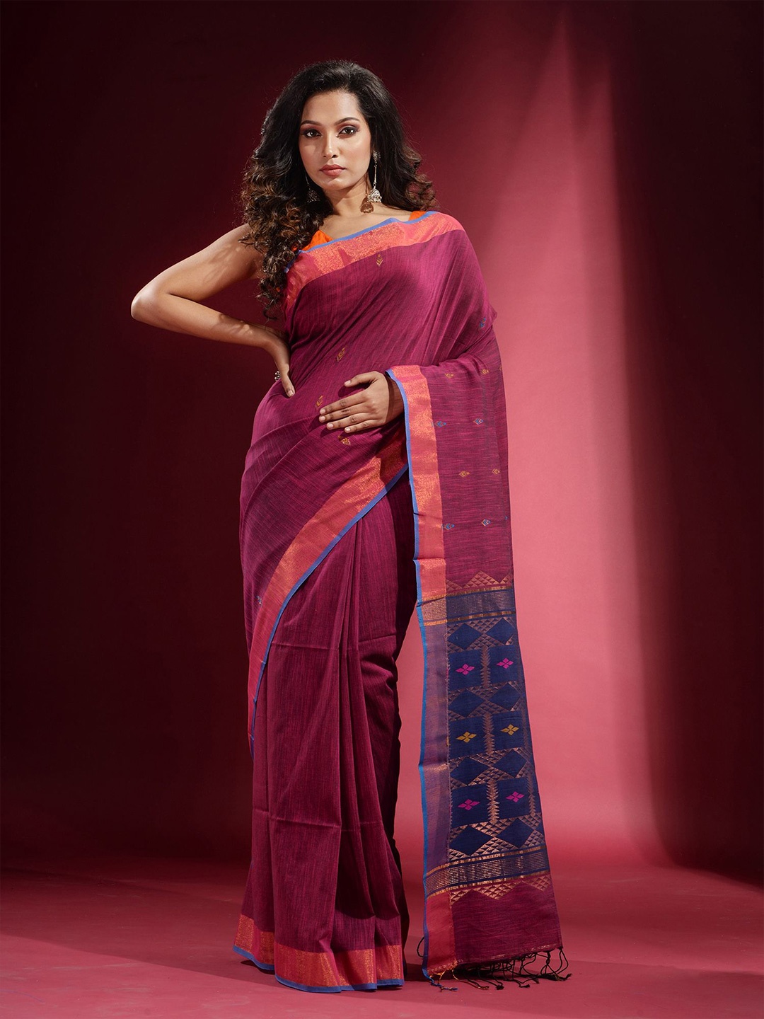 

Charukriti Magenta & Blue Woven Design Zari Pure Cotton Saree