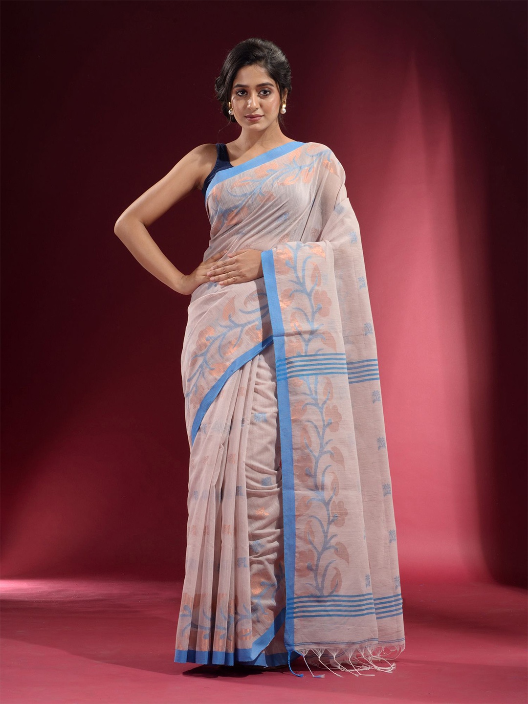 

Charukriti Beige & Copper-Toned Woven Design Zari Pure Cotton Saree